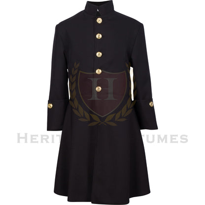 Front view of a Children's Black Colonial Frock Coat featuring a historically inspired 18th-century design with decorative gold buttons, crafted from durable gabardine fabric, perfect for historical reenactments, theatrical performances, and colonial-themed events.