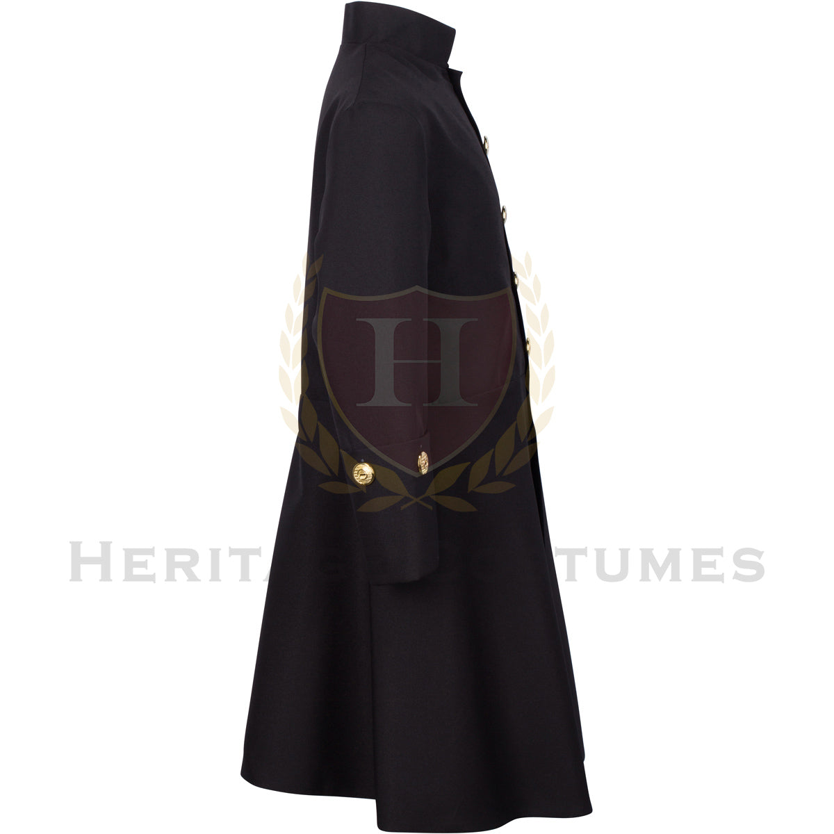 Side view of a Children's Black Colonial Frock Coat featuring a historically inspired 18th-century design with decorative gold buttons, crafted from durable gabardine fabric, perfect for historical reenactments, theatrical performances, and colonial-themed events.