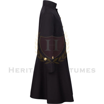 Side view of a Children's Black Colonial Frock Coat featuring a historically inspired 18th-century design with decorative gold buttons, crafted from durable gabardine fabric, perfect for historical reenactments, theatrical performances, and colonial-themed events.