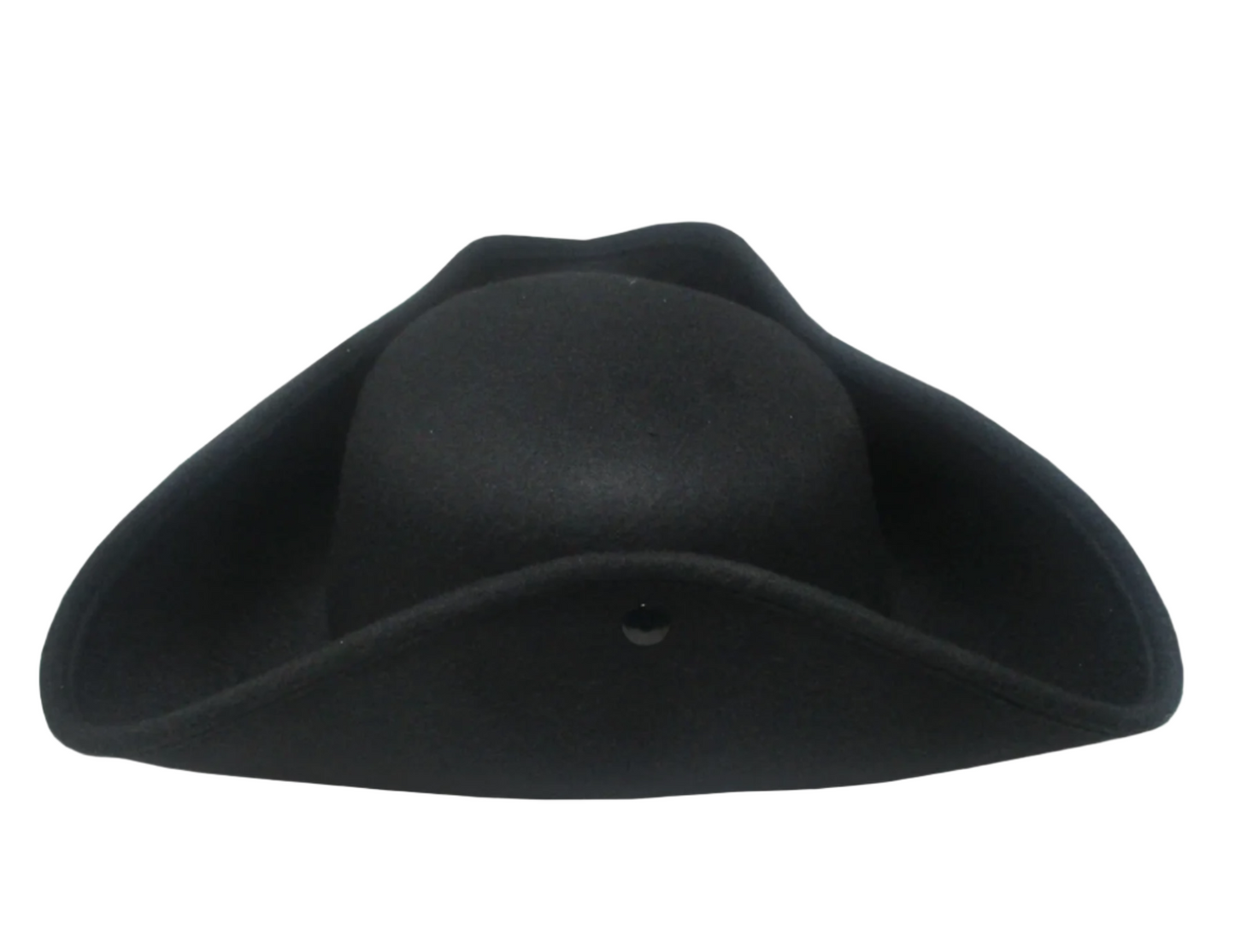 Side view of a black tricorn hat with snap-up brims and white trim, made from heavy felt fabric.