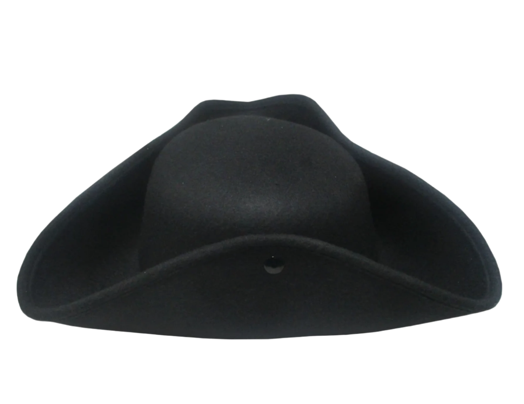Side view of a black tricorn hat with snap-up brims and white trim, made from heavy felt fabric.