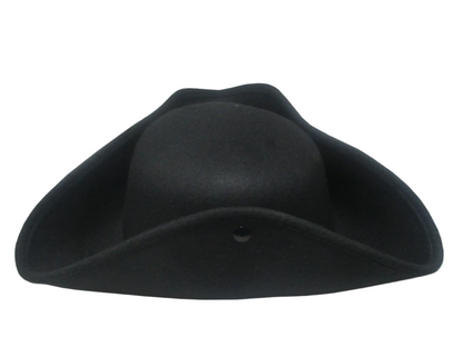 Side view of a black tricorn hat with snap-up brims and white trim, made from heavy felt fabric.