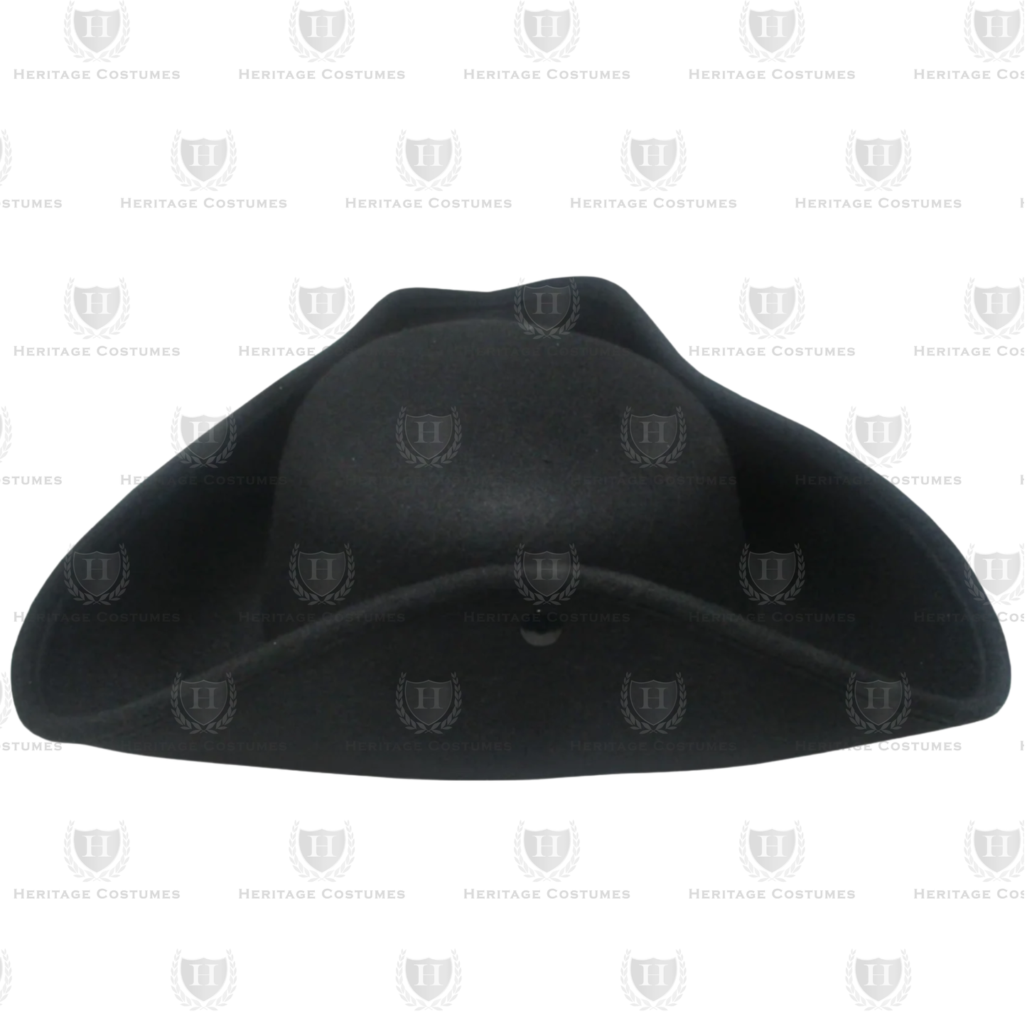 Side view of a black tricorn hat with snap-up brims and white trim, made from heavy felt fabric.
