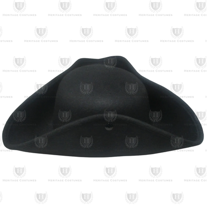 Side view of a black tricorn hat with snap-up brims and white trim, made from heavy felt fabric.
