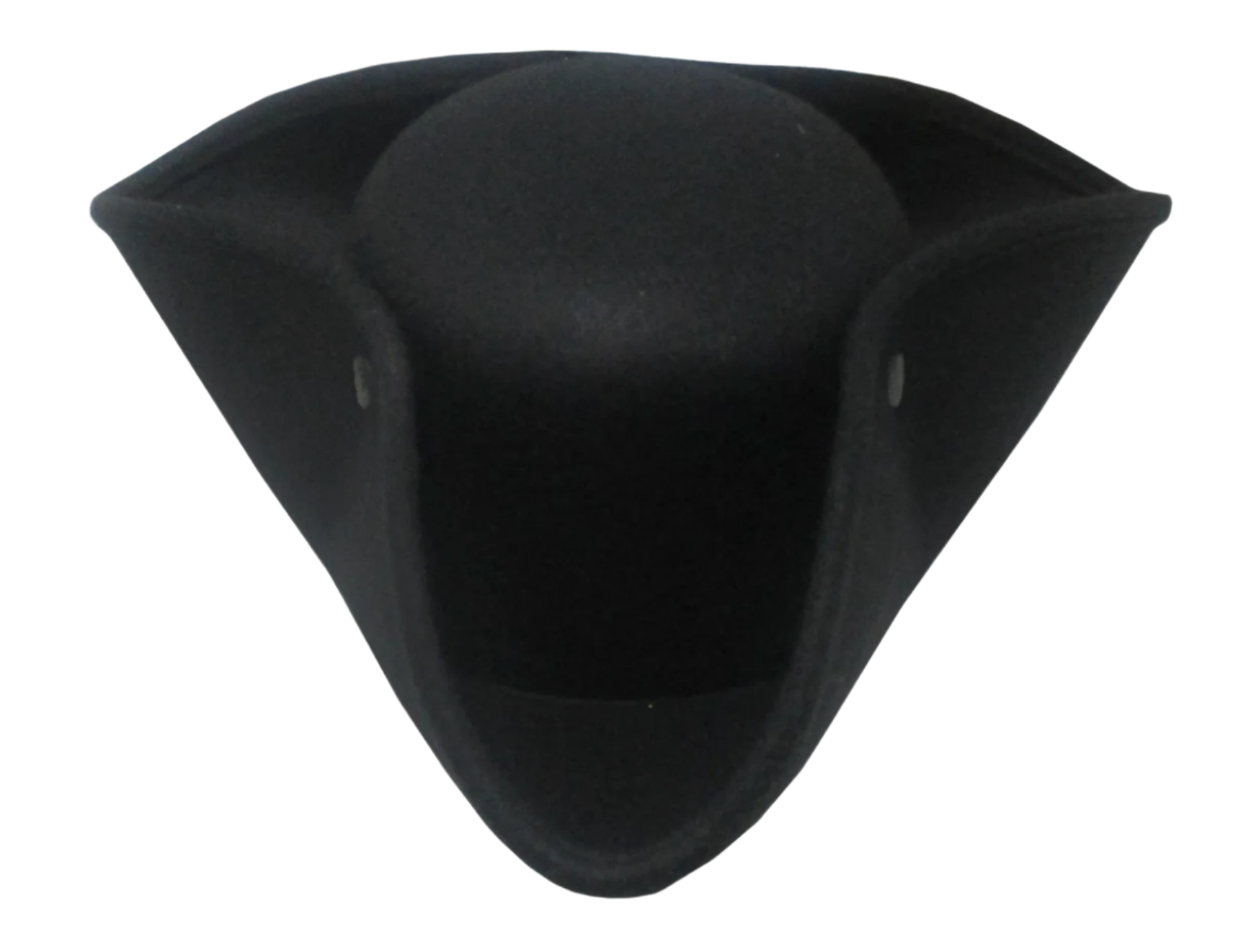 Front view of a black tricorn hat with snap-up brims and white trim, made from heavy felt fabric.