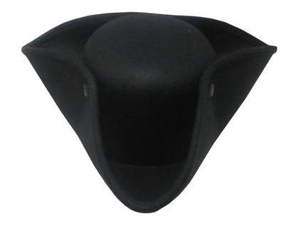 Front view of a black tricorn hat with snap-up brims and white trim, made from heavy felt fabric.