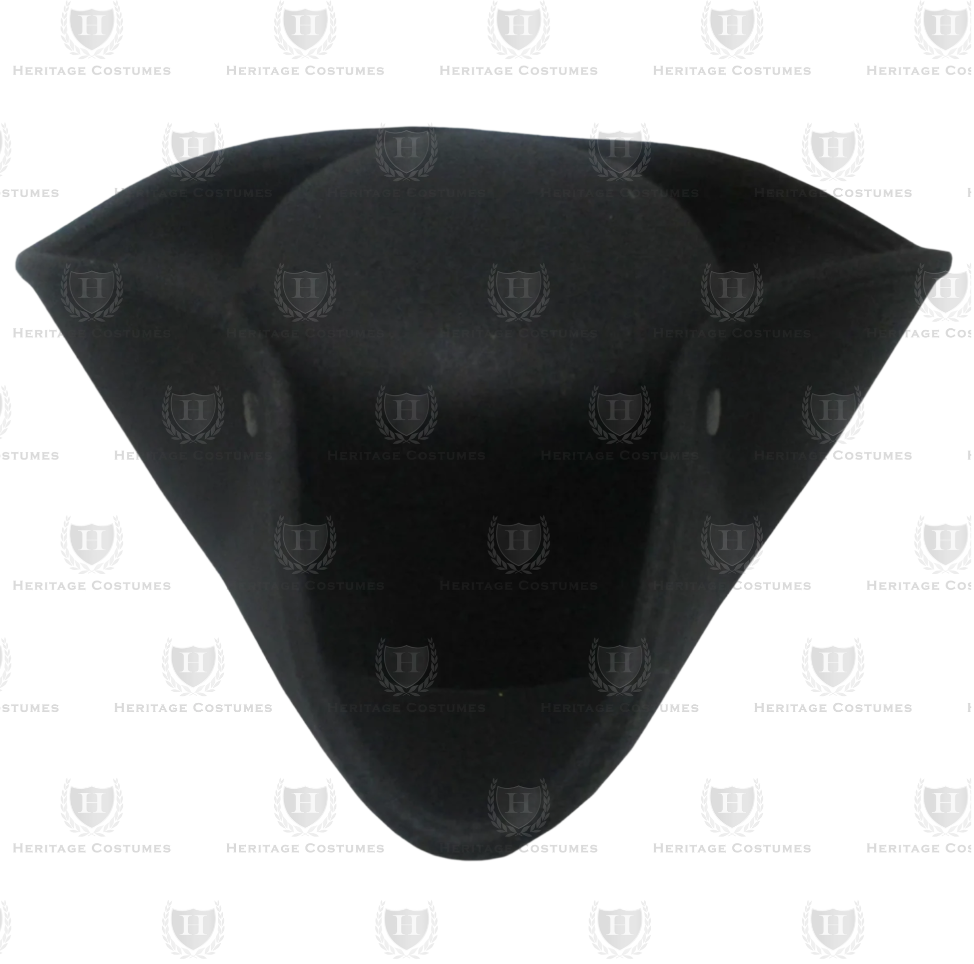 Front view of a black tricorn hat with snap-up brims and white trim, made from heavy felt fabric.