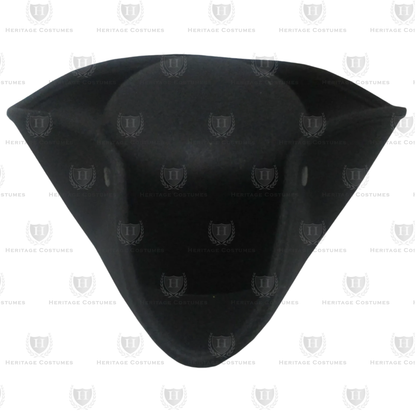 Front view of a black tricorn hat with snap-up brims and white trim, made from heavy felt fabric.