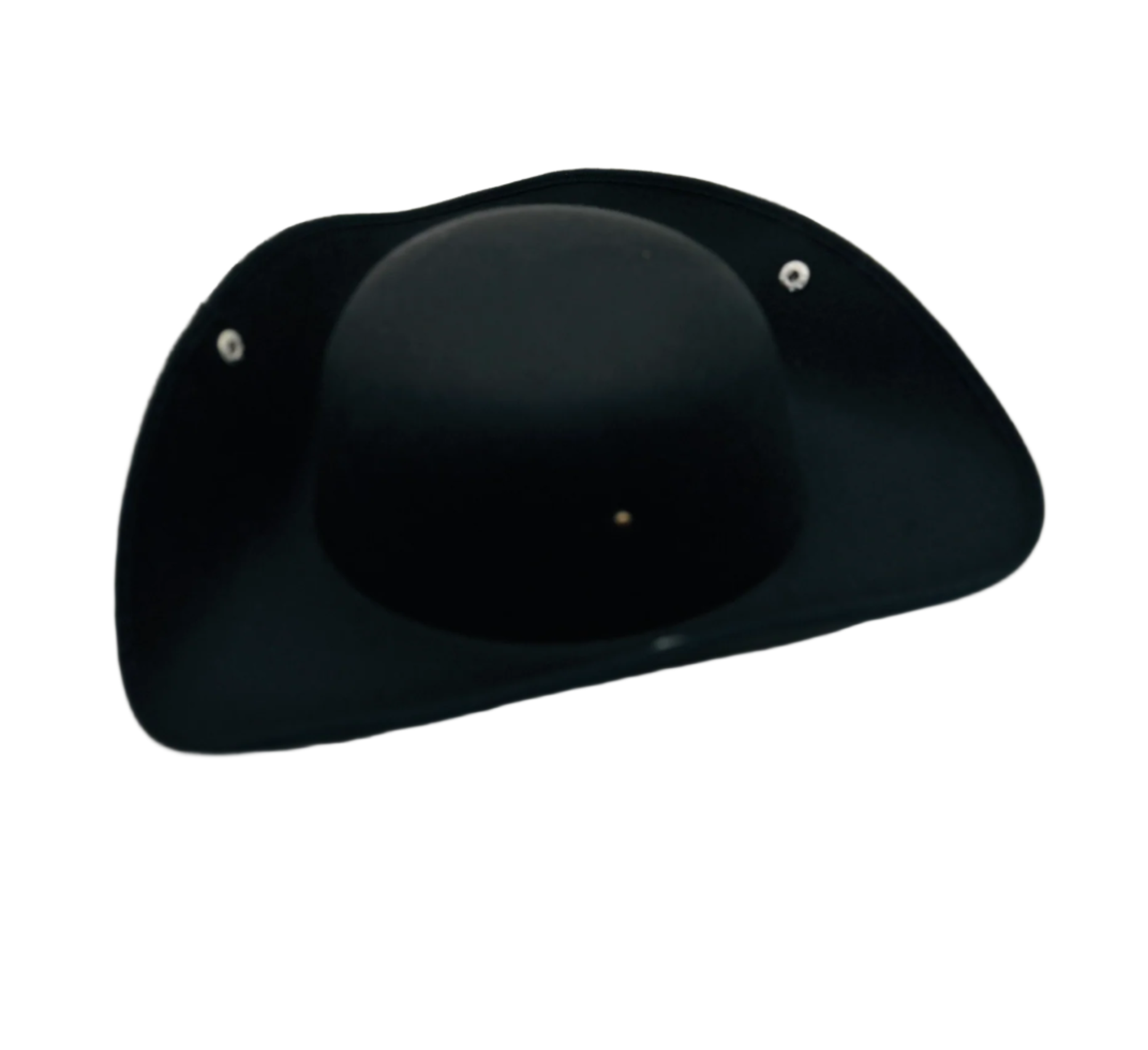 Snap view of a black tricorn hat with snap-up brims and white trim, made from heavy felt fabric.