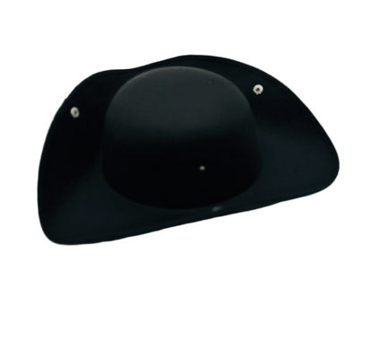 Snap view of a black tricorn hat with snap-up brims and white trim, made from heavy felt fabric.