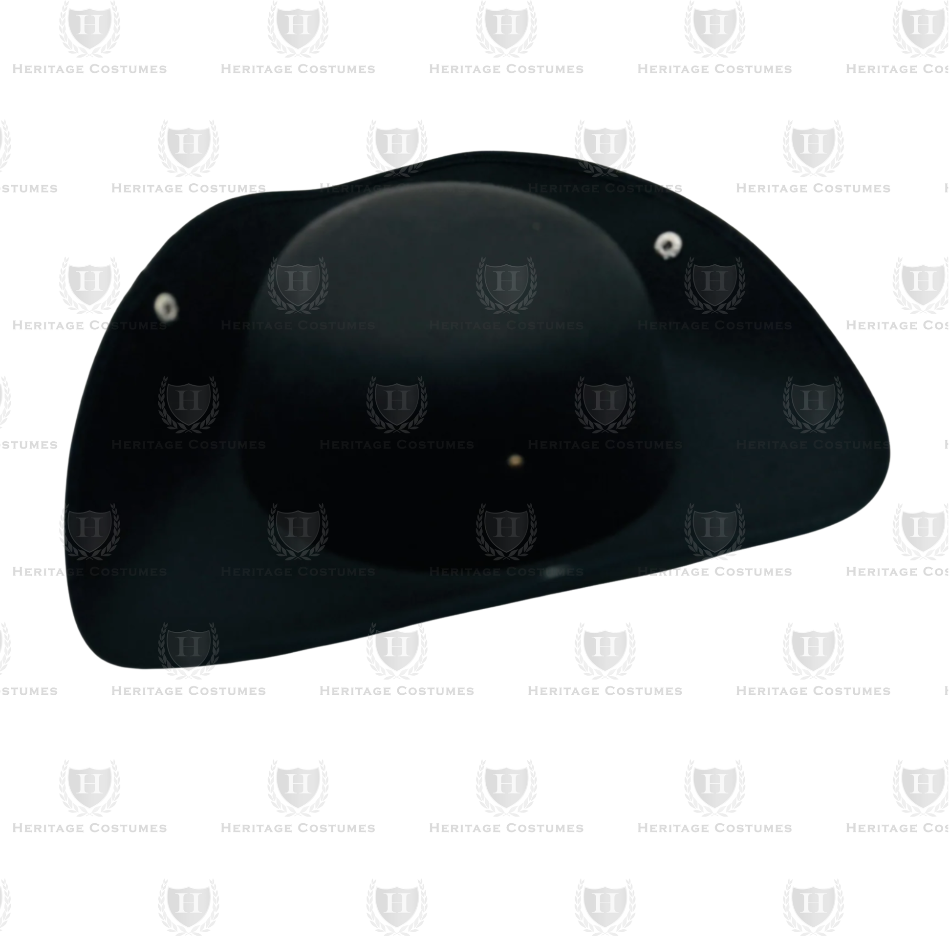 Snap view of a black tricorn hat with snap-up brims and white trim, made from heavy felt fabric.