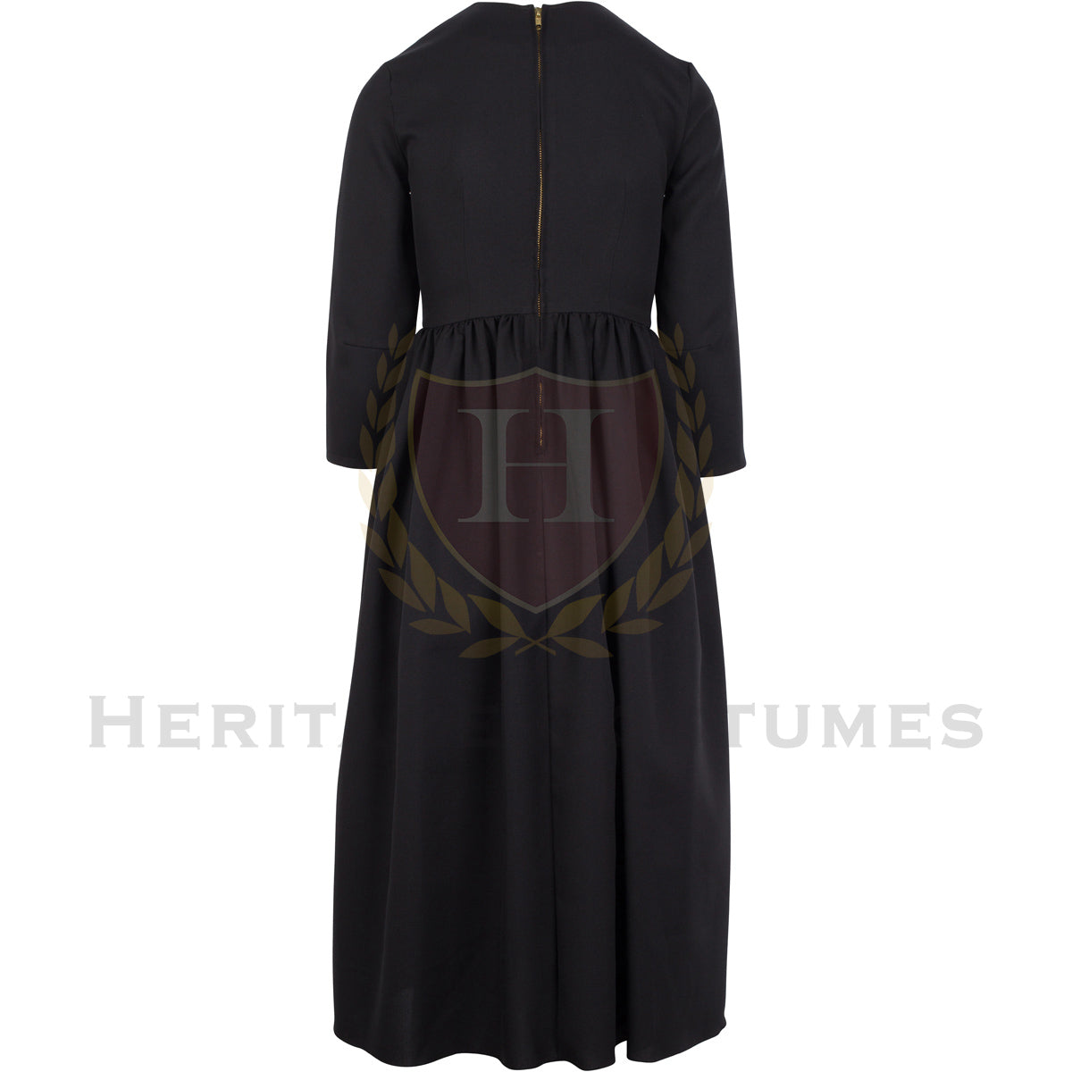 Back view of children's black Victorian dress – Elegant historical costume with long sleeves and period-accurate design for reenactments, plays, and formal events.