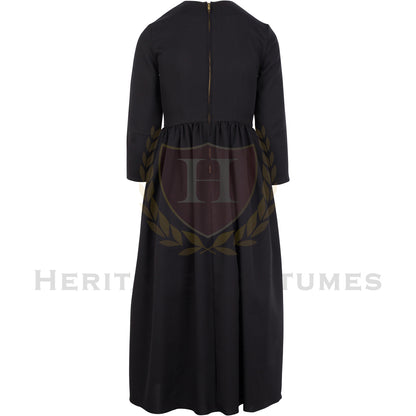 Back view of children's black Victorian dress – Elegant historical costume with long sleeves and period-accurate design for reenactments, plays, and formal events.