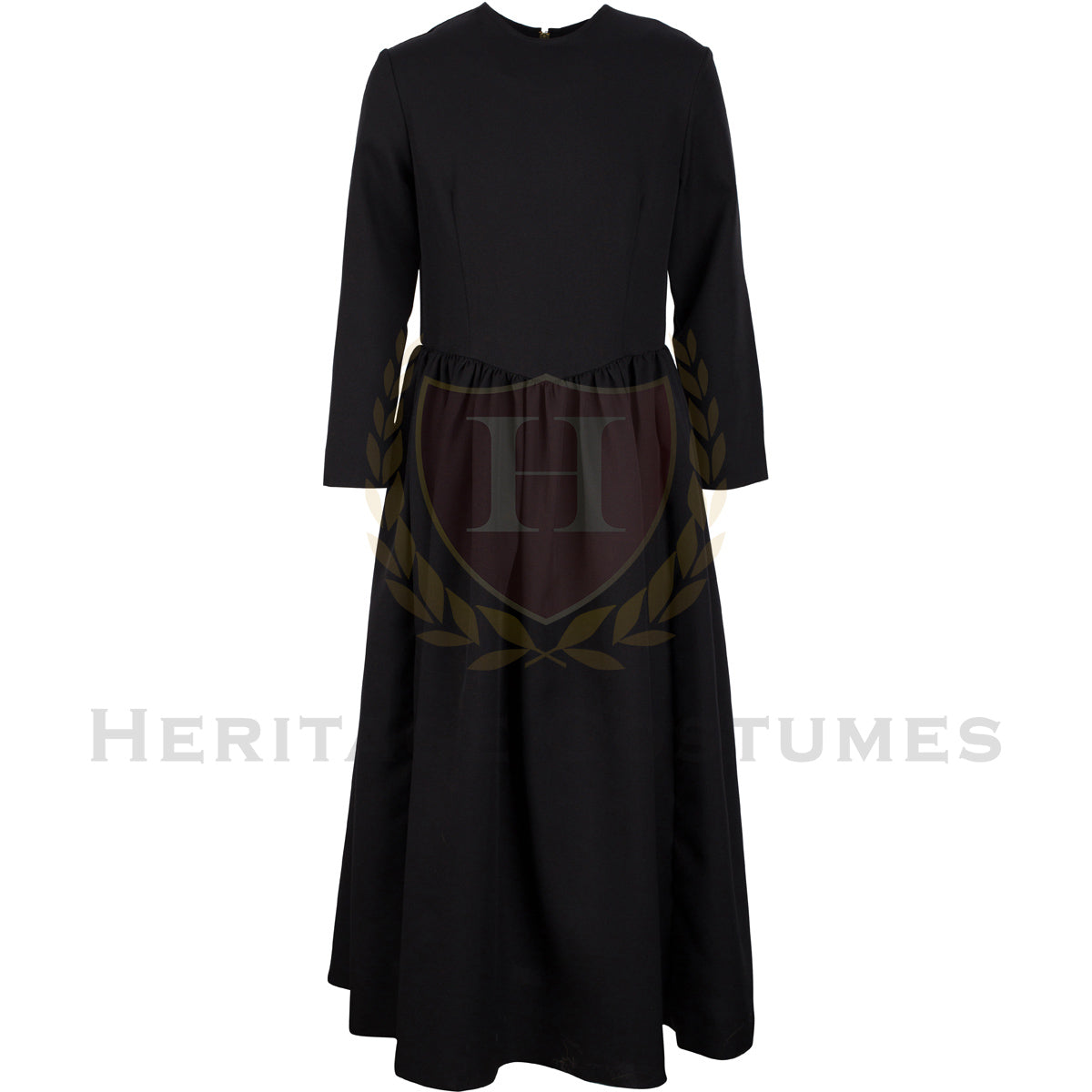 Front view of children's black Victorian dress – Elegant historical costume with long sleeves and period-accurate design for reenactments, plays, and formal events.