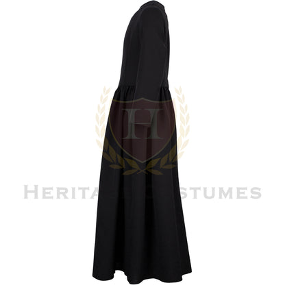 Side view of children's black Victorian dress – Elegant historical costume with long sleeves and period-accurate design for reenactments, plays, and formal events.