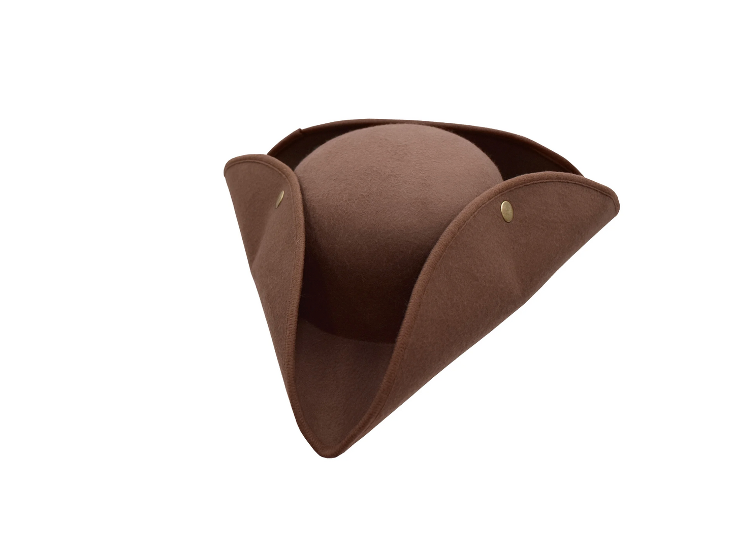 Angle view of a brown tricorn hat with snap-up brims and white trim, made from heavy felt fabric.