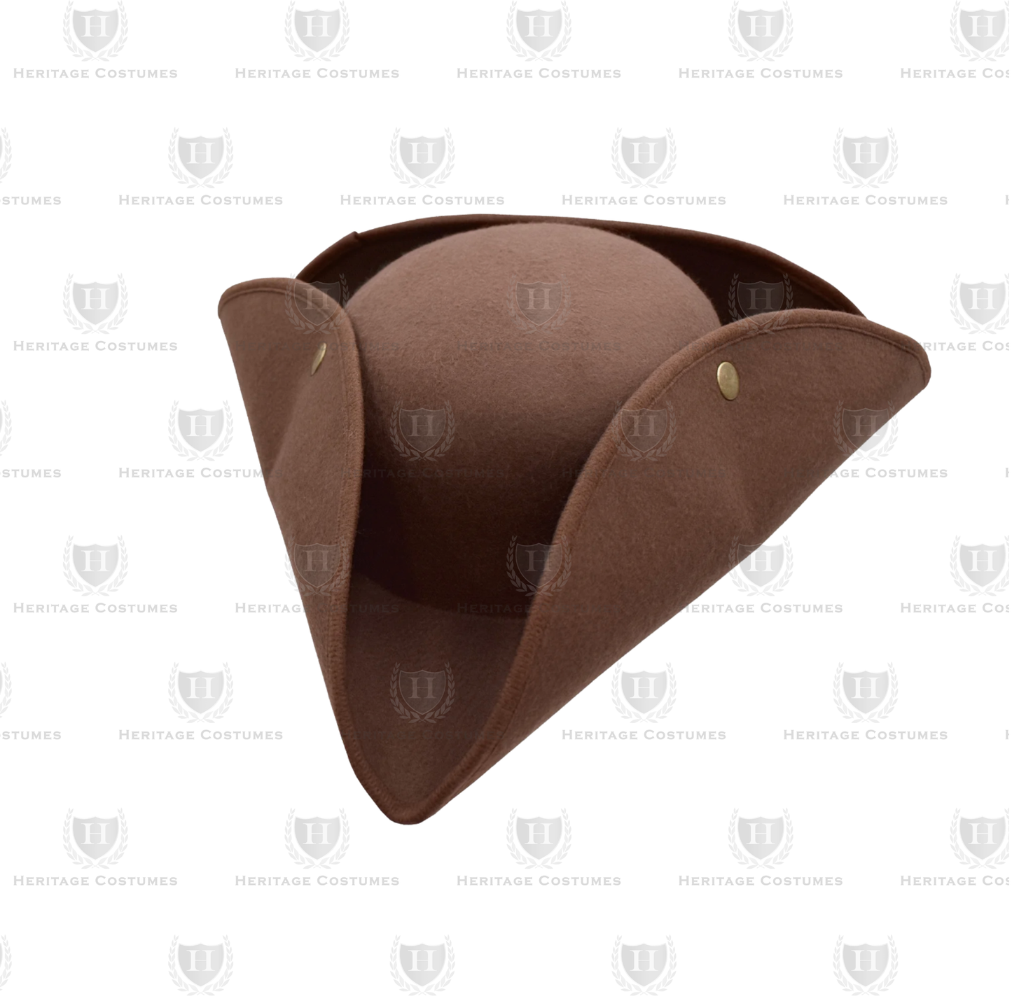 Angle view of a brown tricorn hat with snap-up brims and white trim, made from heavy felt fabric.