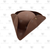 Angle view of a brown tricorn hat with snap-up brims and white trim, made from heavy felt fabric.