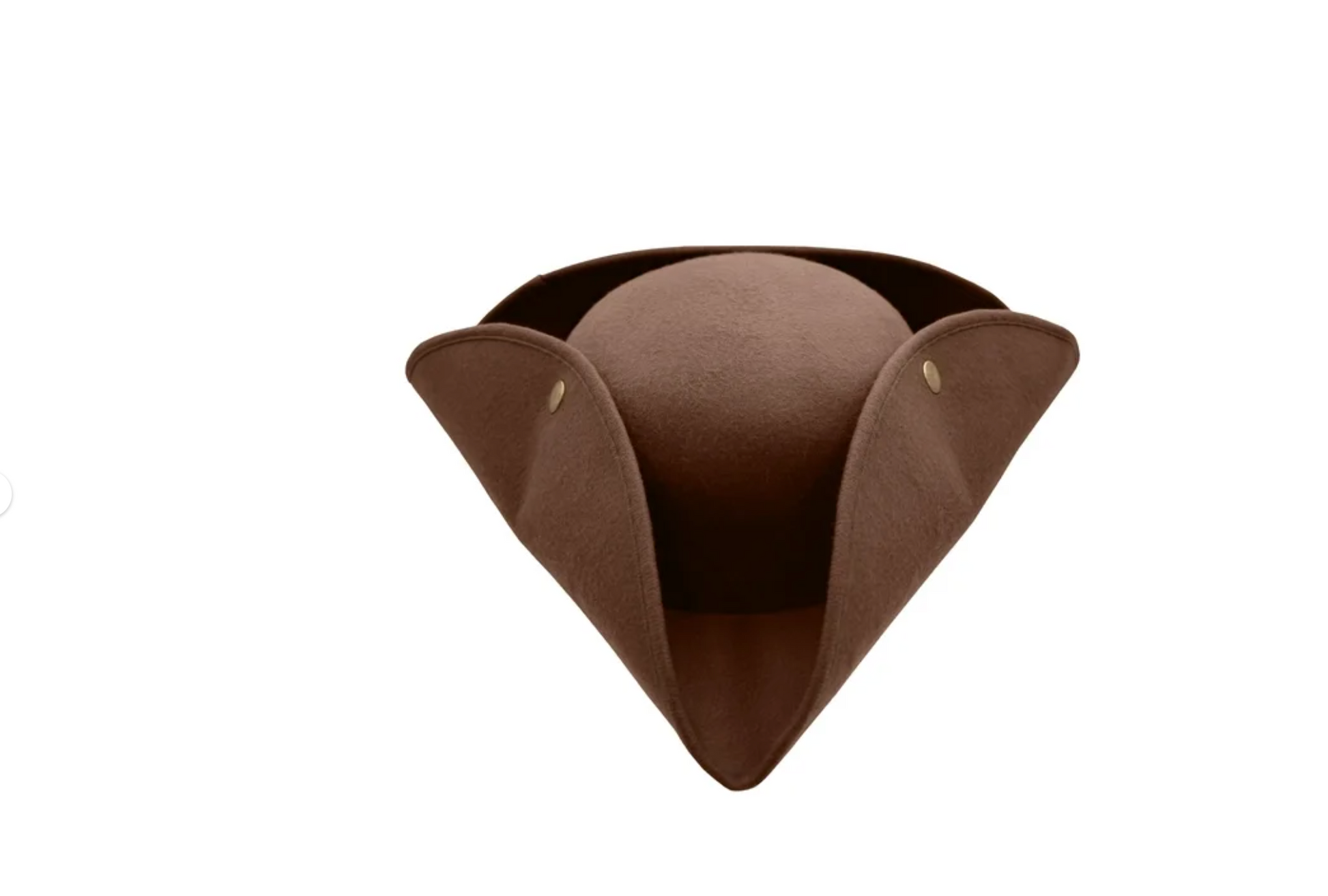 Front view of a brown tricorn hat with snap-up brims and white trim, made from heavy felt fabric.