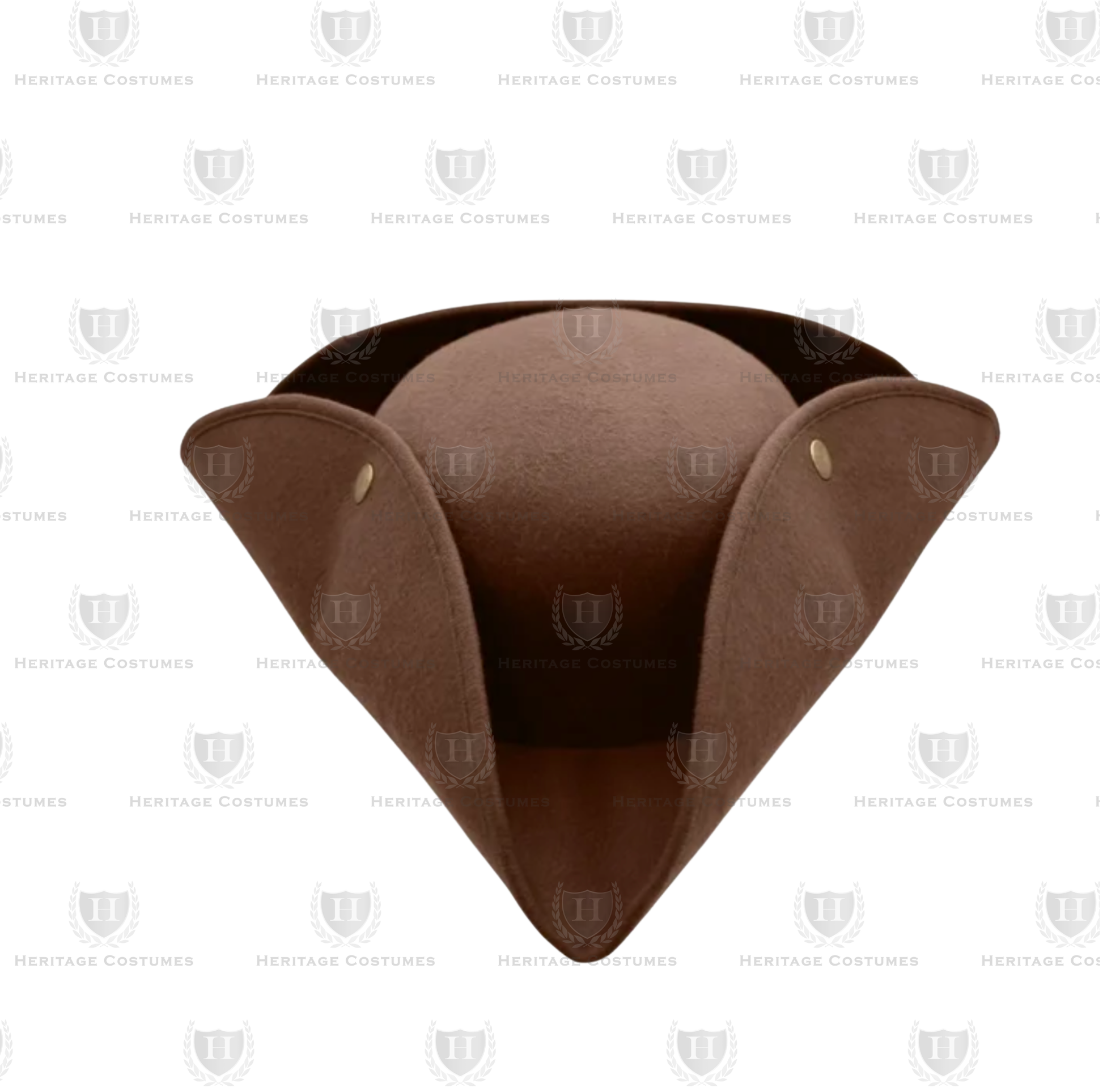 Front view of a brown tricorn hat with snap-up brims and white trim, made from heavy felt fabric.