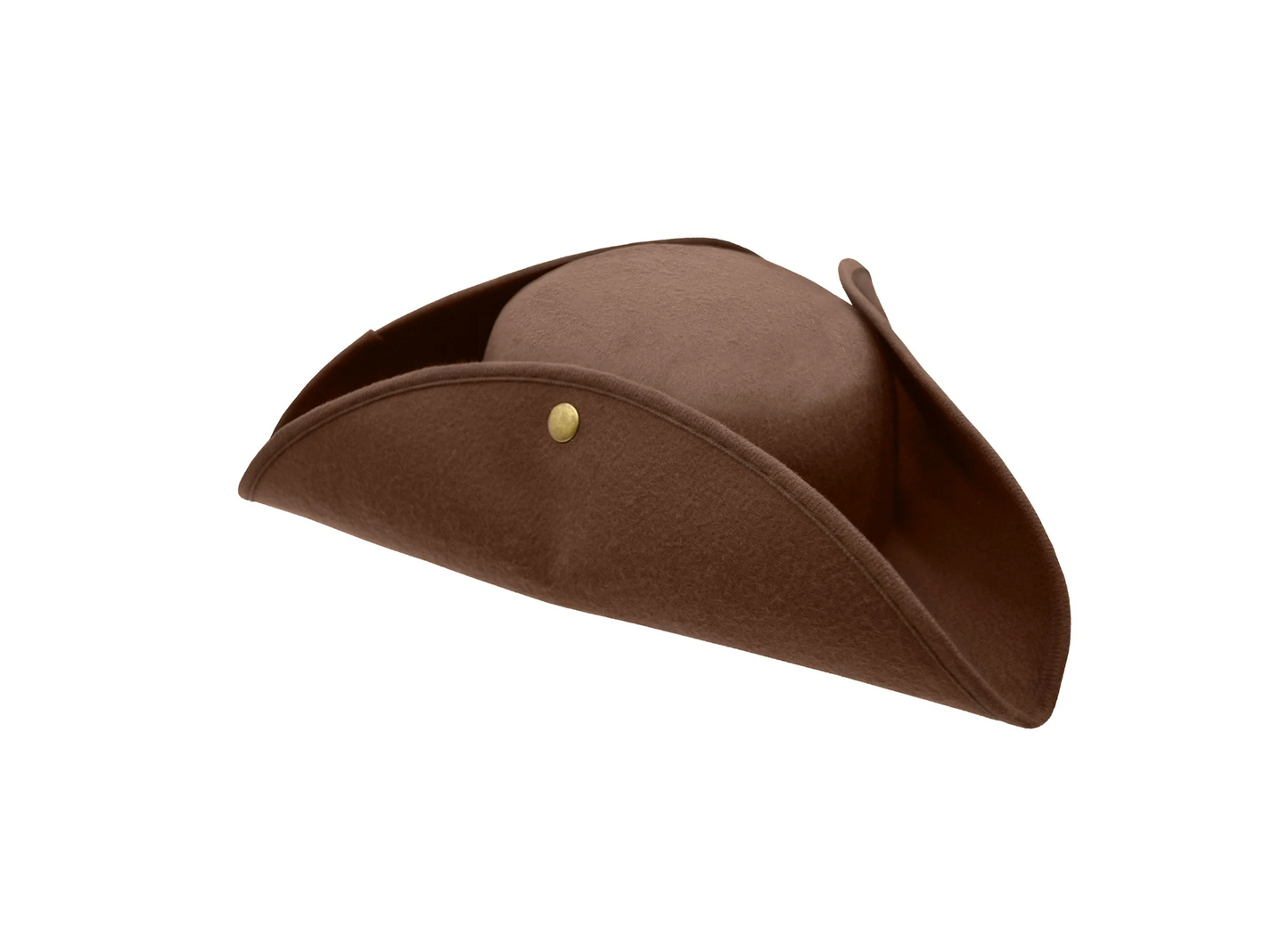 Side  view of a brown tricorn hat with snap-up brims and white trim, made from heavy felt fabric.