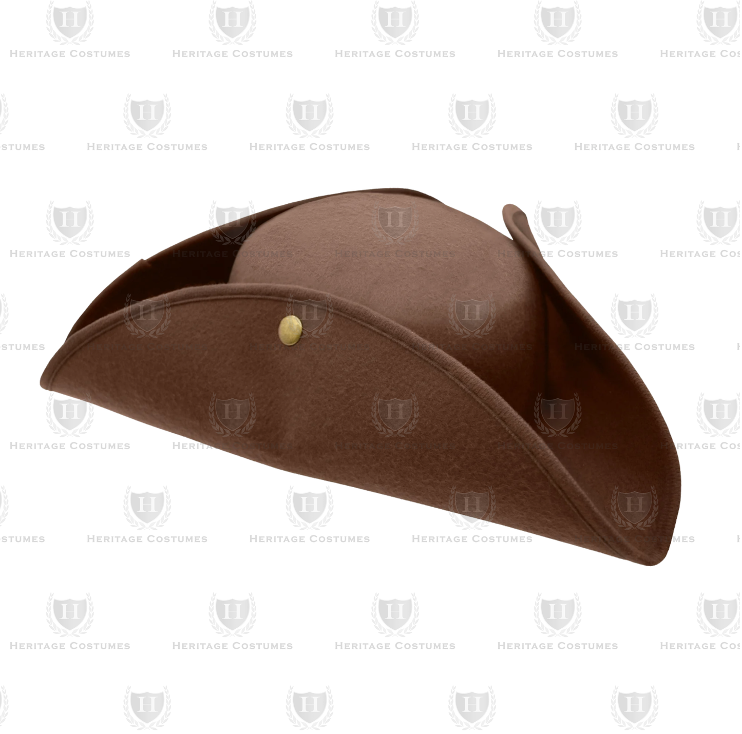 Side  view of a brown tricorn hat with snap-up brims and white trim, made from heavy felt fabric.