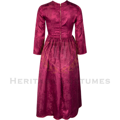 Back view of a Children's Burgundy Victorian Dress showcasing its elegant 19th-century design, flowing silhouette, and intricate detailing, perfect for historical reenactments, theatrical performances, and Victorian-themed events.