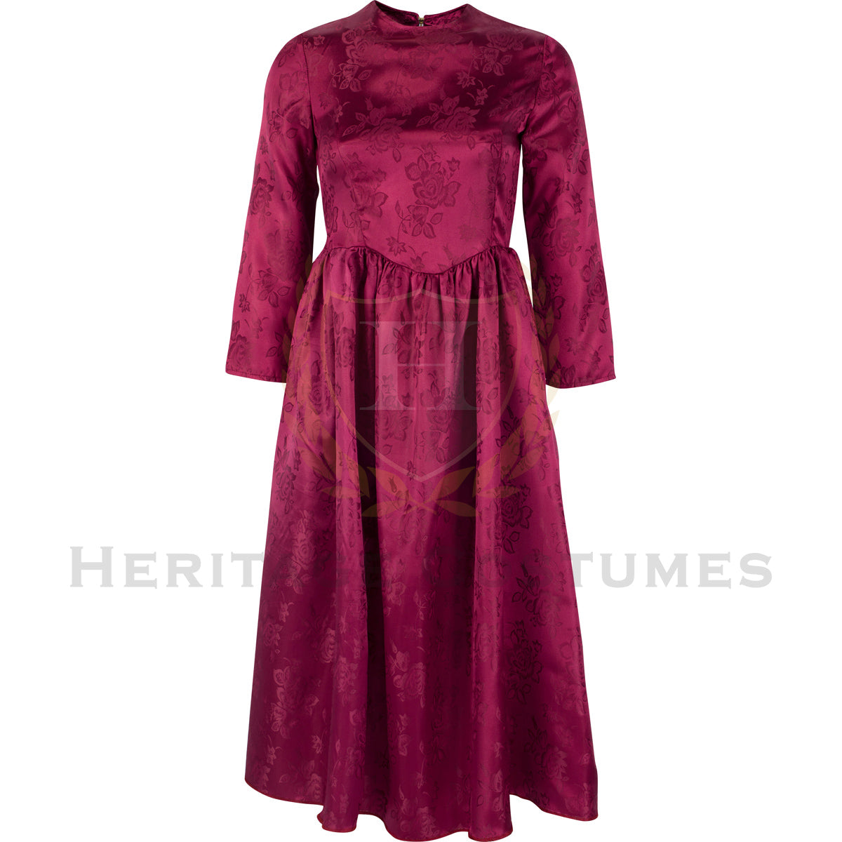 Front view of a Children's Burgundy Victorian Dress showcasing its elegant 19th-century design, flowing silhouette, and intricate detailing, perfect for historical reenactments, theatrical performances, and Victorian-themed events.