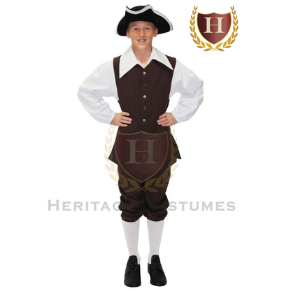 Child wearing a colonial townsman costume, 18th-century American colonial civilian attire.
