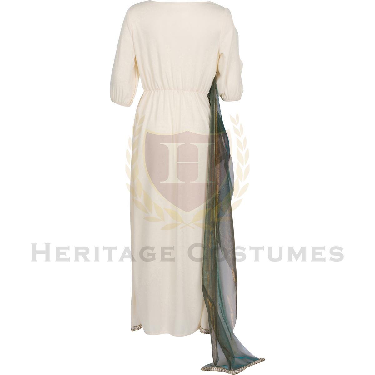 Back view of children's Egyptian Queen Hatshepsut costume – Authentic ivory toga dress with metallic trim and emerald green shoulder drape, perfect for historical reenactments and school projects.