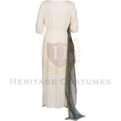 Back view of children's Egyptian Queen Hatshepsut costume – Authentic ivory toga dress with metallic trim and emerald green shoulder drape, perfect for historical reenactments and school projects.