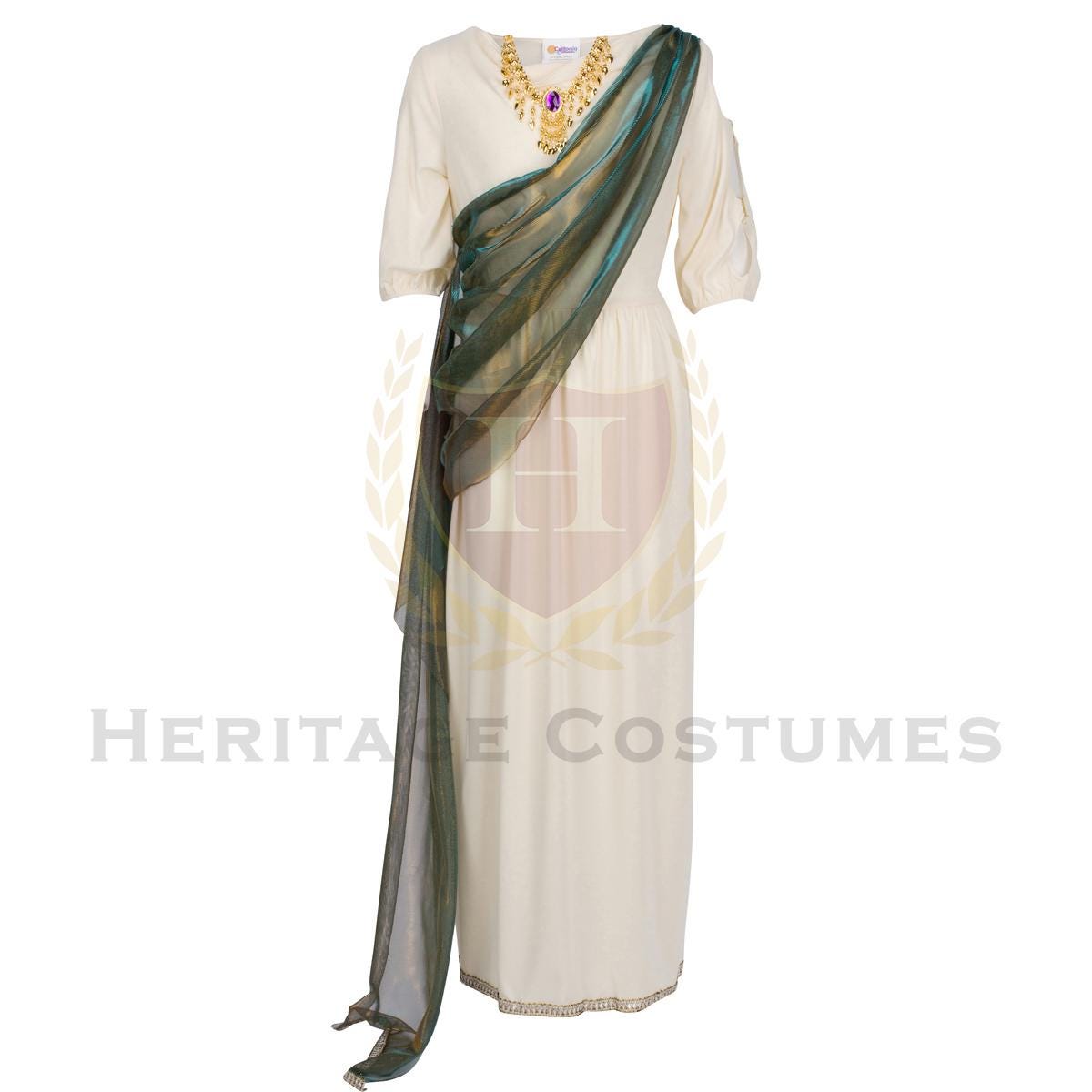 Front view of children's Egyptian Queen Hatshepsut costume – Authentic ivory toga dress with metallic trim and emerald green shoulder drape, perfect for historical reenactments and school projects.