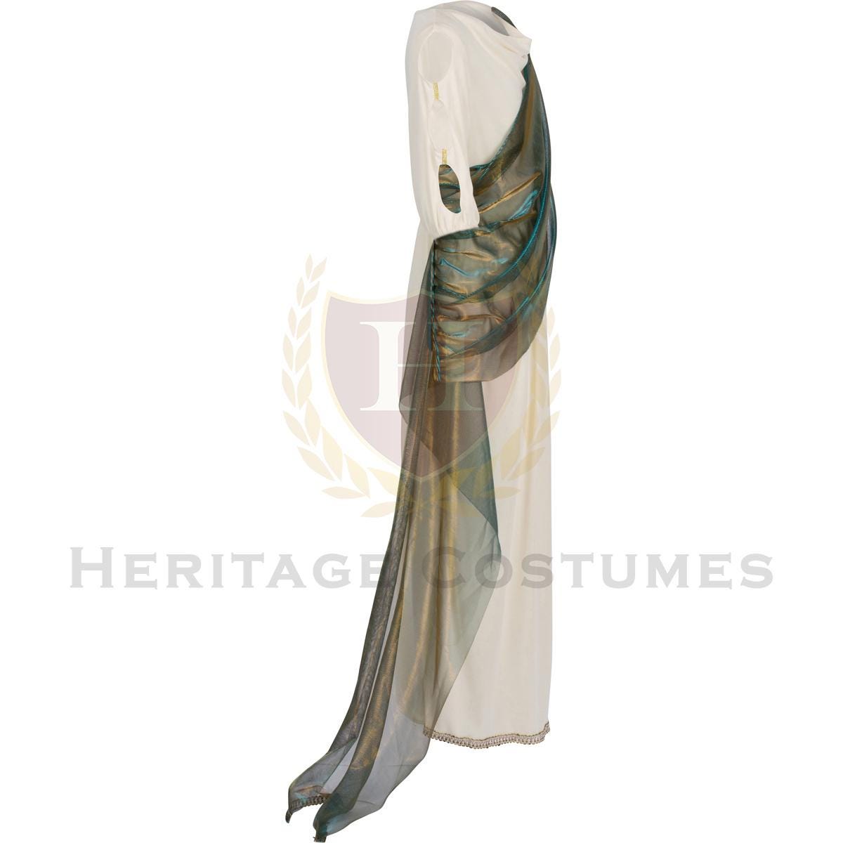 Side view of children's Egyptian Queen Hatshepsut costume – Authentic ivory toga dress with metallic trim and emerald green shoulder drape, perfect for historical reenactments and school projects.