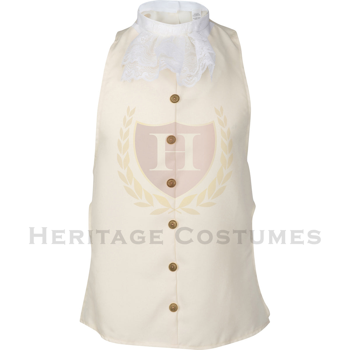 Front view of a Children's Ivory Colonial Waistcoat featuring a classic 18th-century design with an attached lace jabot and decorative gold buttons, perfect for historical reenactments, theatrical performances, and colonial-themed events.