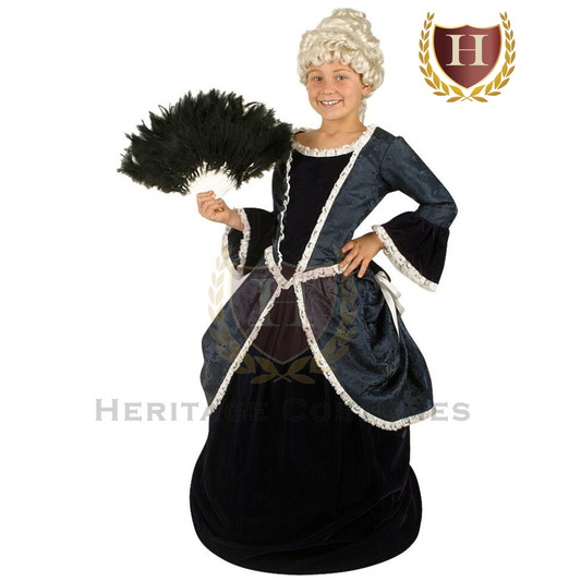 Child wearing a Martha Washington colonial costume inspired by the American Revolutionary War era.