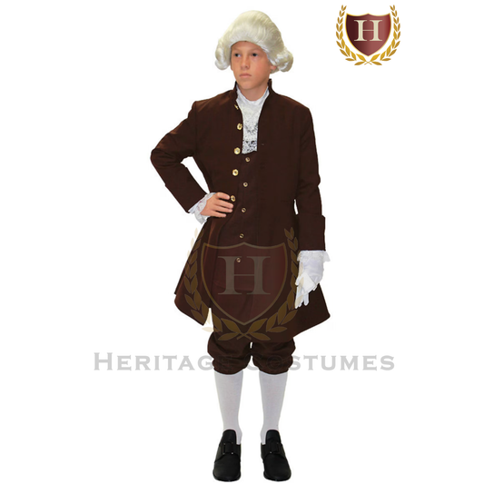 Child wearing a Robert Livingston colonial costume inspired by the American Revolutionary War