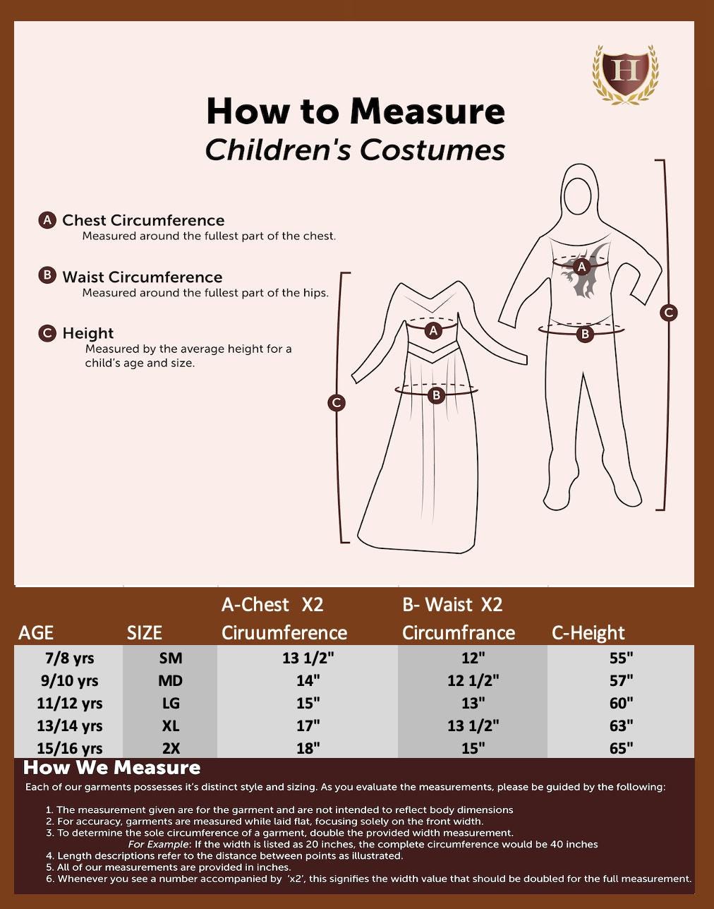 Children's size chart – Detailed measurement guide for historical costumes, ensuring the perfect fit for reenactments, school projects, and theatrical performances.