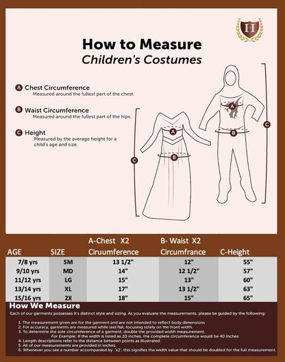 Children's size chart – Detailed measurement guide for historical costumes, ensuring the perfect fit for reenactments, school projects, and theatrical performances.