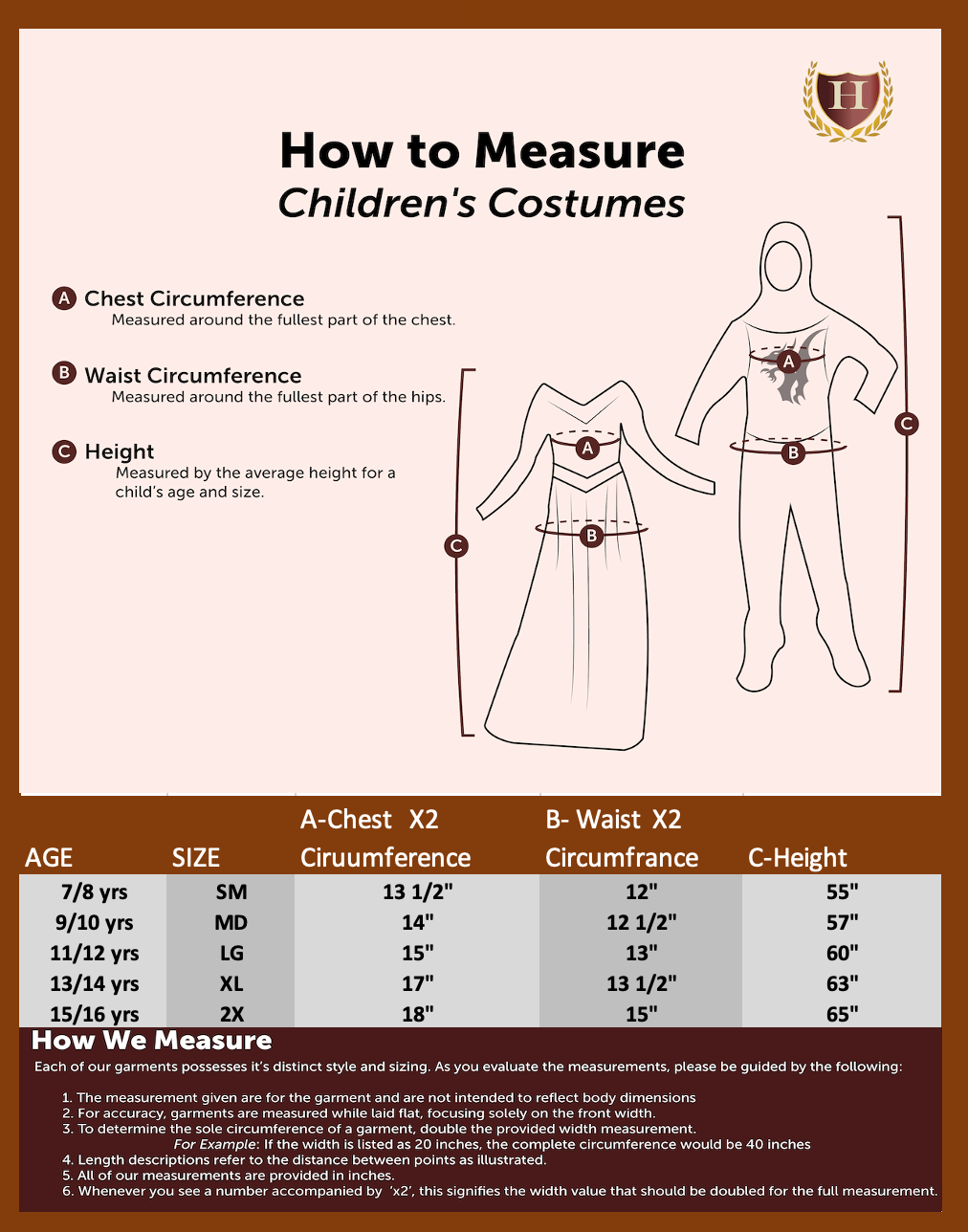 Children's size chart for historical costumes – Detailed measurements to ensure the perfect fit for reenactments, school projects, and theatrical performances.