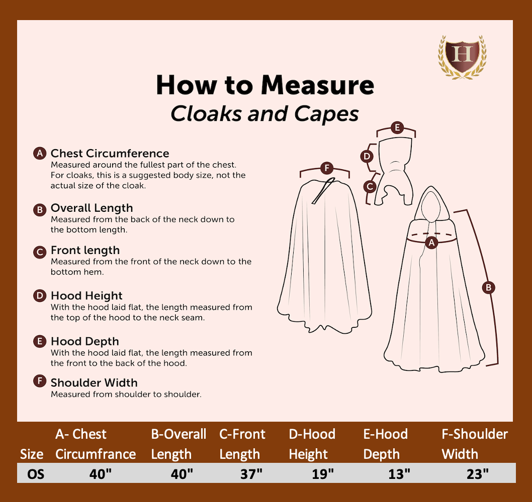 Children’s size chart for a hooded medieval cloak, displaying measurements for length, shoulder width, and recommended age ranges. Designed to ensure a perfect fit for Renaissance Faires, LARP events, and historical reenactments.