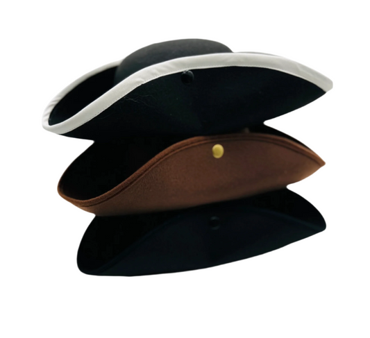 Stack of children's tricorn hats with snap-up brims, made from heavy felt fabric in various colonial-era colors