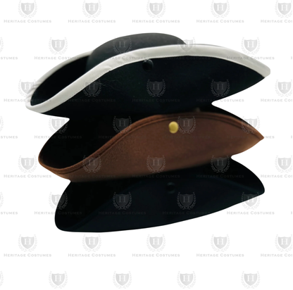 Stack of children's tricorn hats with snap-up brims, made from heavy felt fabric in various colonial-era colors