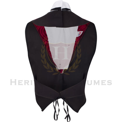 Back view of a Children's Velvet Period-Style Vest featuring deep red lapels, a classic Victorian design, and an attached black ribbon tie, perfect for historical reenactments, theatrical performances, and Victorian-era costumes.