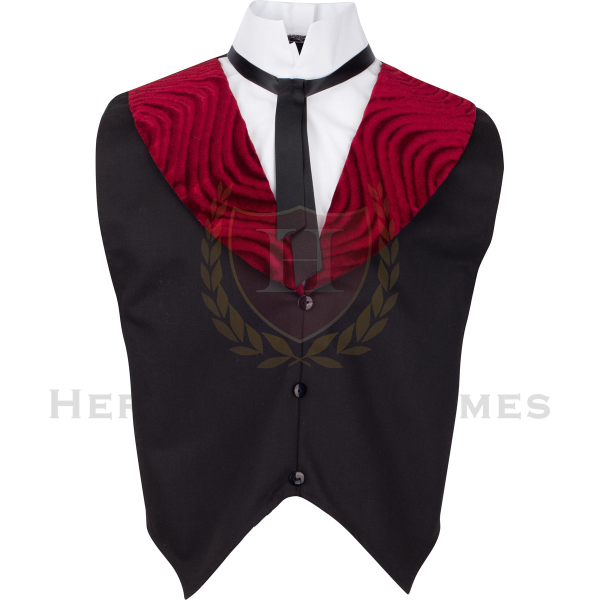 Front view of a Children's Velvet Period-Style Vest featuring deep red lapels, a classic Victorian design, and an attached black ribbon tie, perfect for historical reenactments, theatrical performances, and Victorian-era costumes.