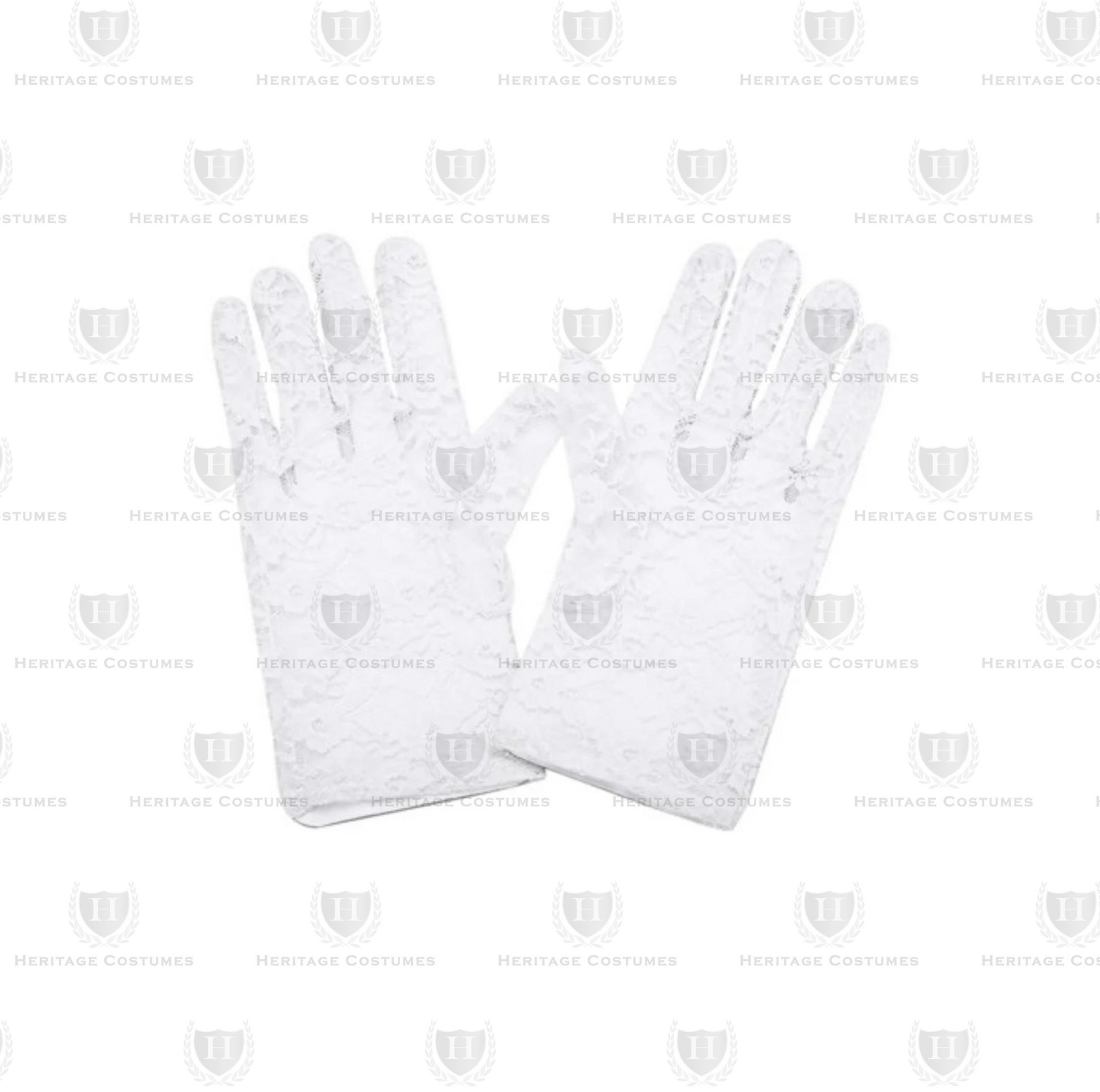 Children’s white lace gloves featuring delicate floral patterns and wrist-length design. Perfect for Victorian-era costumes, Mary Todd Lincoln outfits, historical reenactments, and formal dress-up occasions.