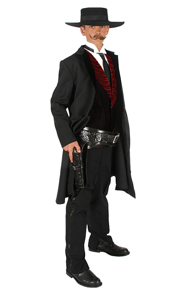 Children's Wyatt Earp costume featuring a black Victorian frock coat, matching vest, and classic Western-style accessories. Perfect for portraying the legendary Old West lawman at reenactments, school projects, and theatrical performances.