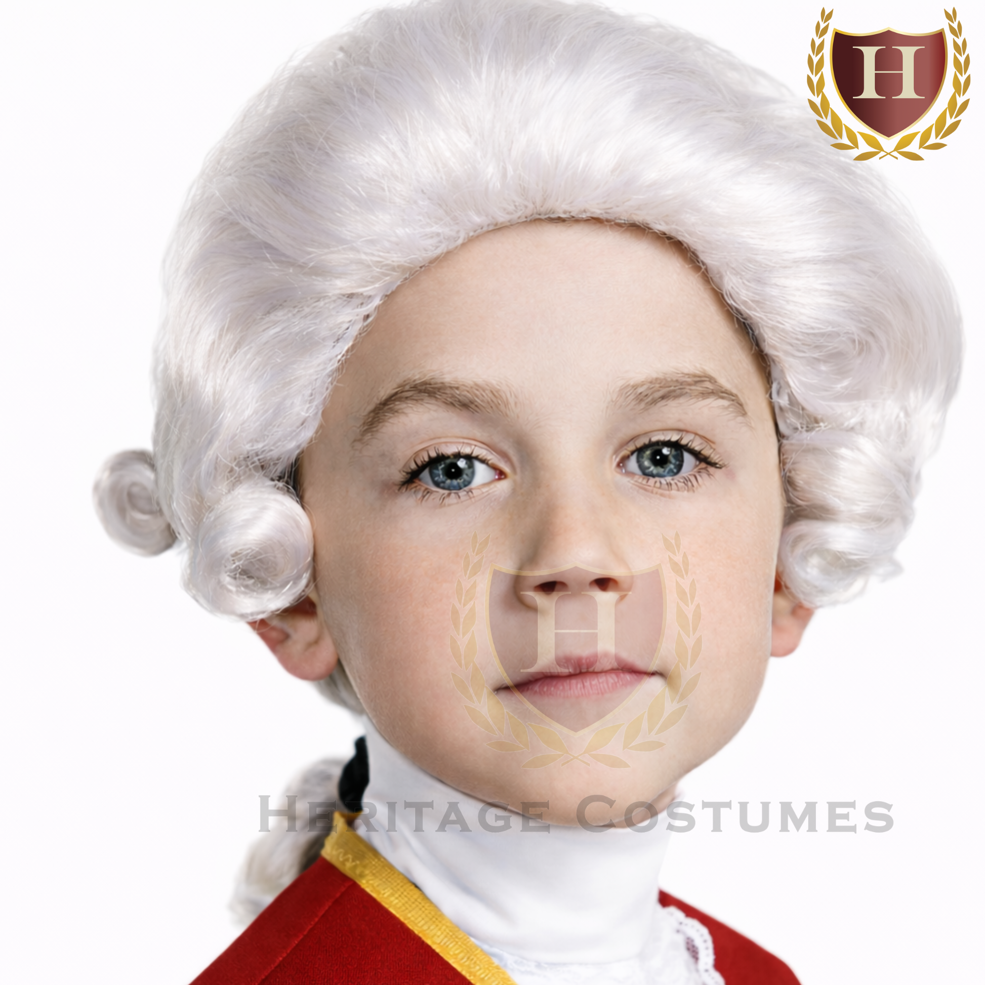 King George III children’s colonial wig worn by model.