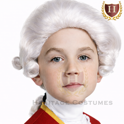 King George III children’s colonial wig worn by model.