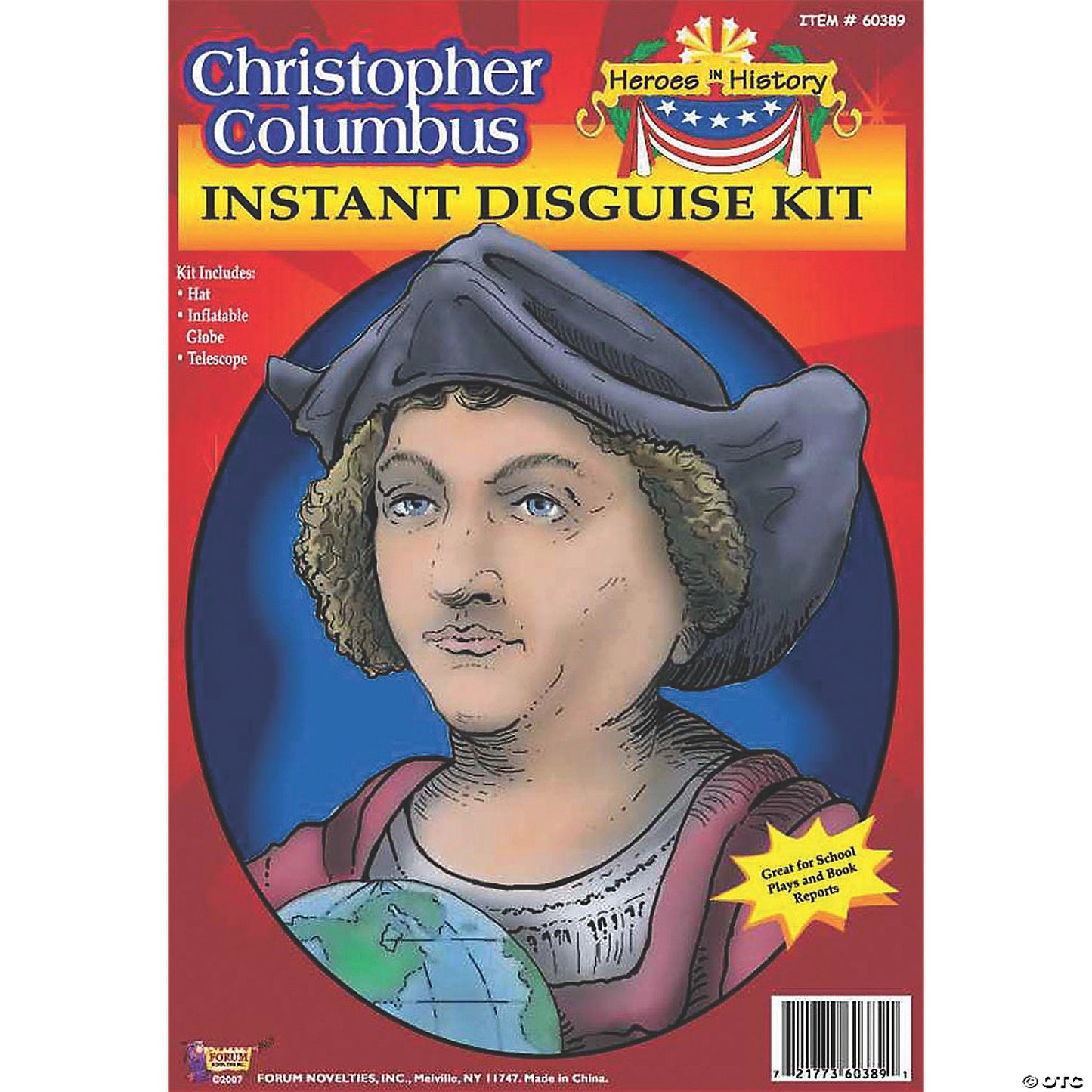 Christopher Columbus historical roleplay accessory kit featuring a costume hat, inflatable globe, and telescope, perfect for historical reenactments, educational projects, or themed events.
