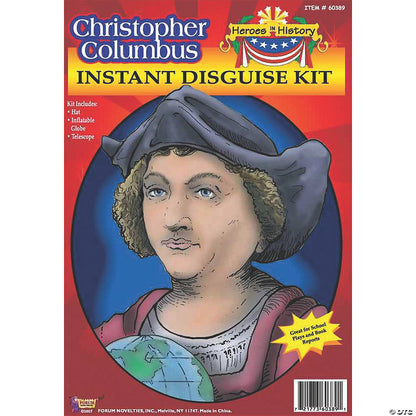 Christopher Columbus historical roleplay accessory kit featuring a costume hat, inflatable globe, and telescope, perfect for historical reenactments, educational projects, or themed events.